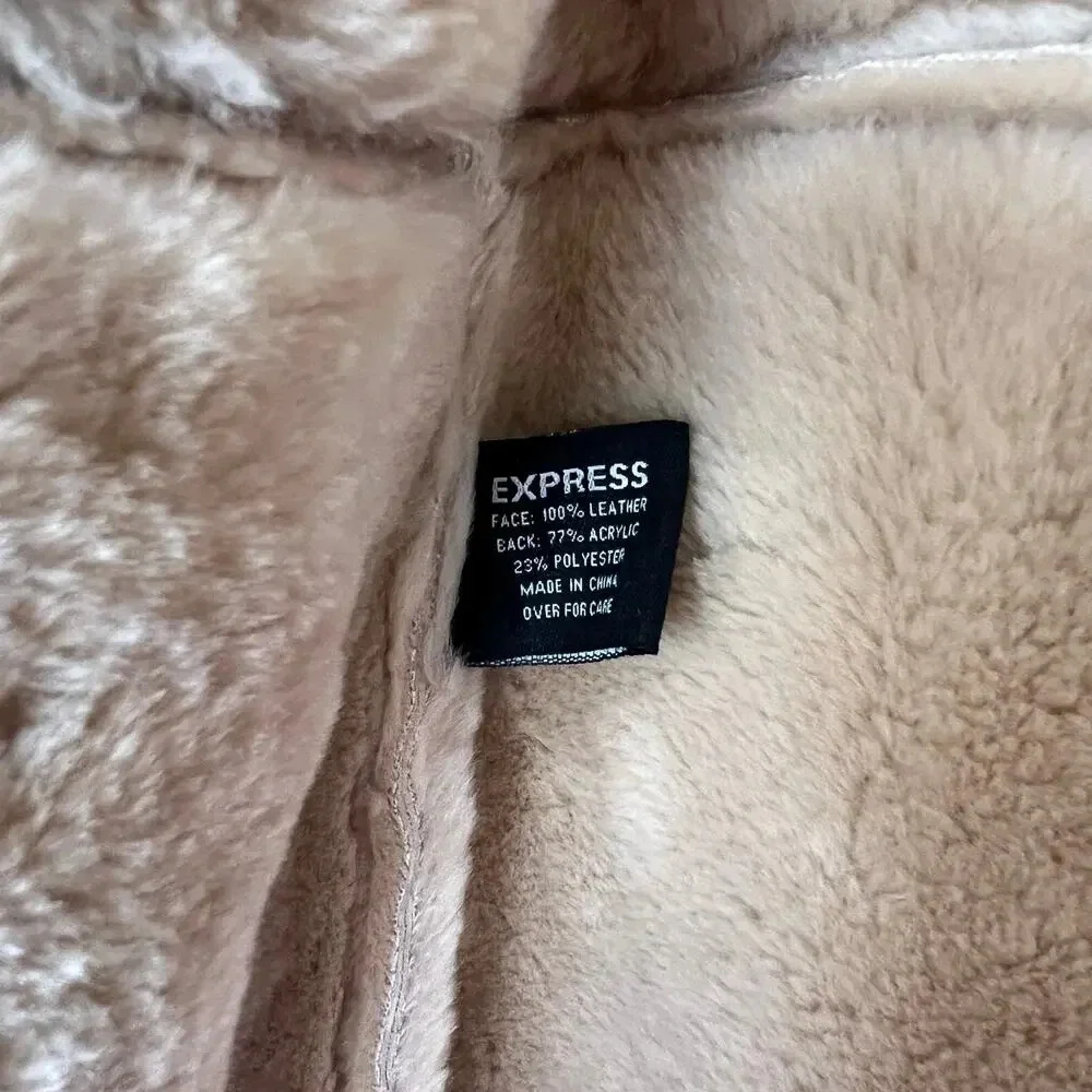 Express Y2K Vintage Suede Leather Faux Fur Lined Winter Coat Medium - Picture 14 of 15